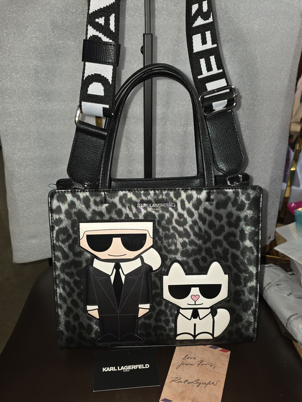 Karl Lagerfeld Black Leopard Print Crossbody Tote with Guitar Strap Nwt